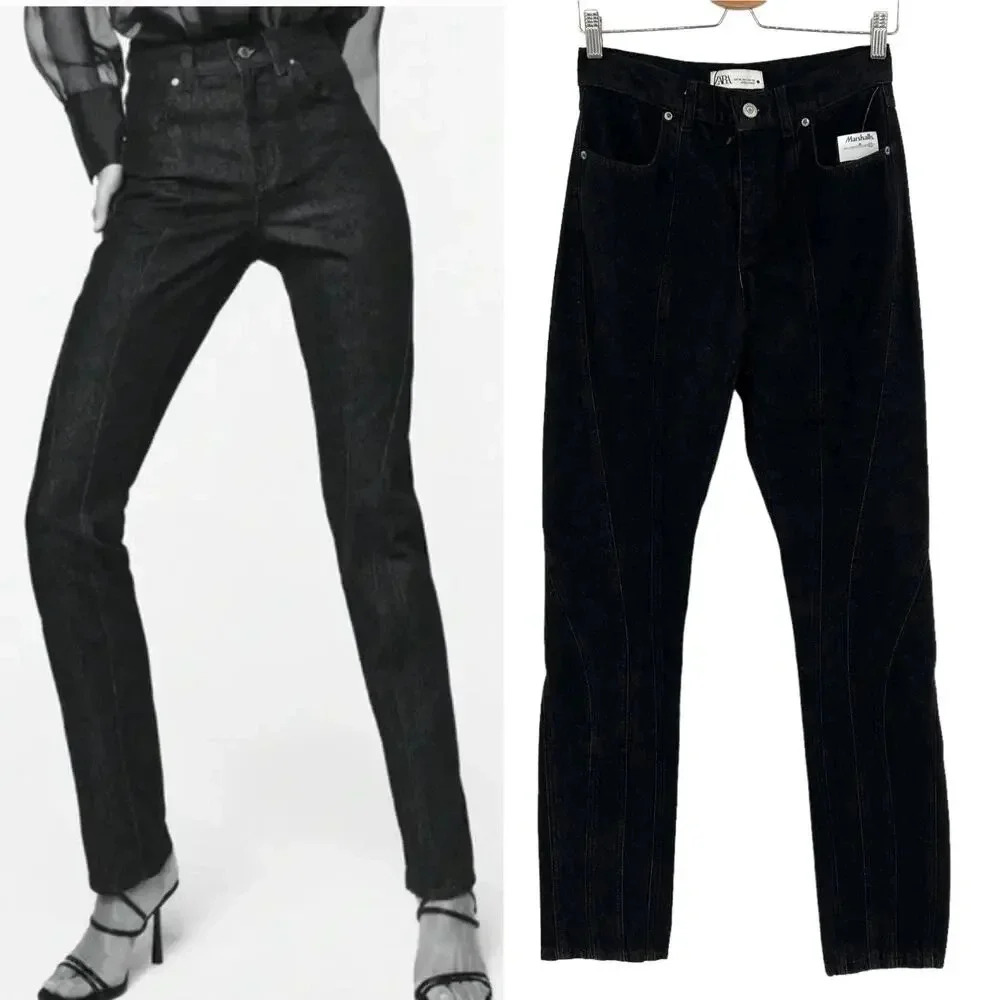 Zara The Panelled Slim High Rise‎ Slim Fit 4-Pocket Jeans Black Denim Size US 2